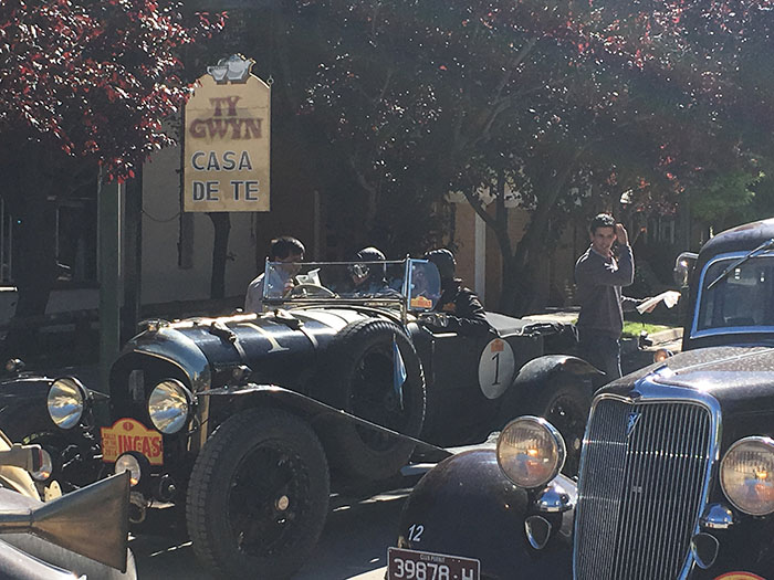 Rally drivers outside one of Gaiman's many tea houses