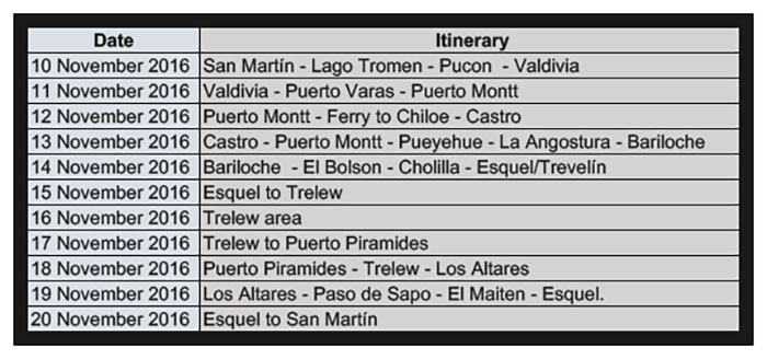 This was the itinerary as we left San Martín de los Andes on Day 1.